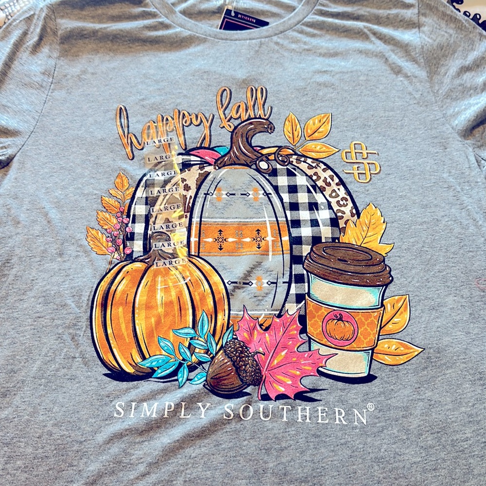 New Simply Southern Happy Fall Shirt with Pumpkins and Coffee Size: Large